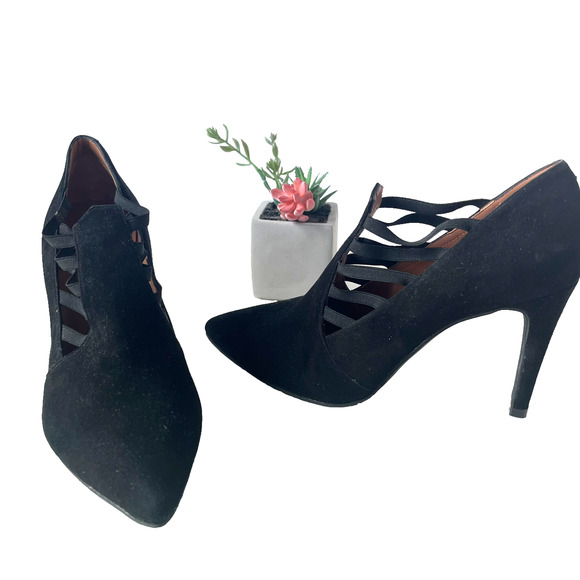 Brenda Zara Suede Stiletto Heel Womens Shoes Size 8/38.5 Black Elastic Straps - Picture 1 of 13